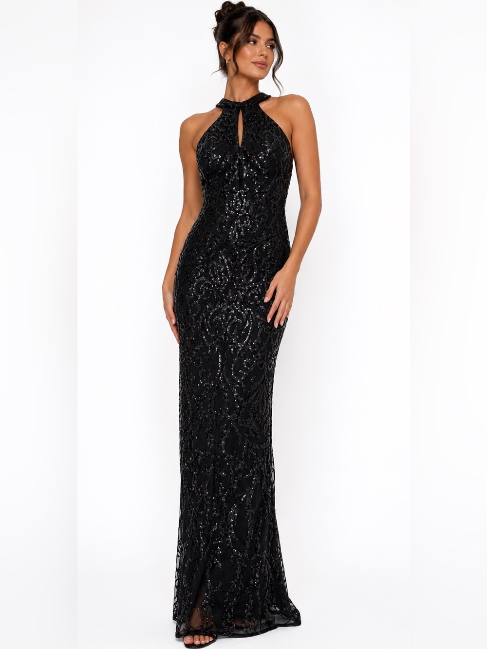 Bariano Khali Black Sequin Keyhole Halter Gown NWT US 6 and 16